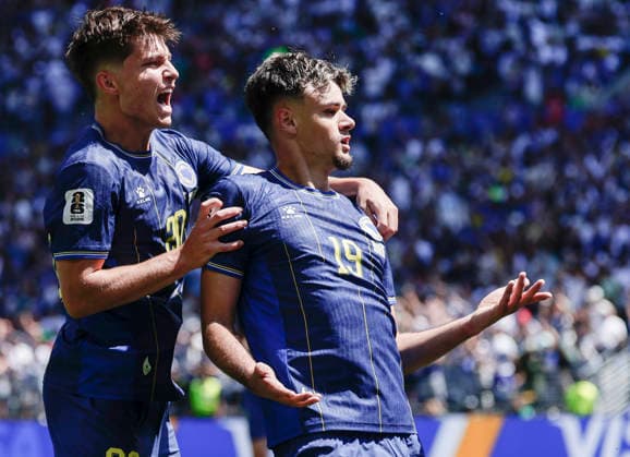 (260625) -- SEATTLE, June 25, 2026 -- Kerim Alajbegovic (R) of Bosnia and Herzegovina celebrates a goal wtih teammates during the group B match between Bosnia and Herzegovina and Qatar at the 2026 FIFA World Cup, WM, Weltmeisterschaft, Fussball at Seattle Stadium in Seattle, the United States, June 24, 2026. (Photo by Xinhua) (SP)U.S.-SEATTLE-FOOTBALL-FIFA WORLD CUP-GROUP B-BIH VS QAT ArthurxDong 
