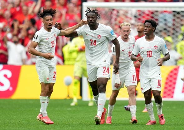 FIFA World Cup, WM, Weltmeisterschaft, Fussball 2026 - Group B - Switzerland vs Canada Promise David of Canada celebrates scoring the 2-1 during the FIFA World Cup 2026 group stage match Switzerland against Canada, in Vancouver, Canada, 24 June 2026. VANCOUVER Canada  Copyright: xBOBxFRIDx