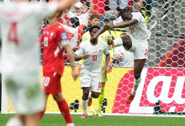 FIFA World Cup, WM, Weltmeisterschaft, Fussball 2026 - Group B - Switzerland vs Canada Promise David of Canada celebrates scoring the 2-1 during the FIFA World Cup 2026 group stage match Switzerland against Canada, in Vancouver, Canada, 24 June 2026. VANCOUVER Canada  Copyright: xBOBxFRIDx