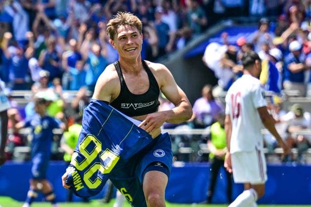 Bosnia and Herzegovina s Ermin Mahmic celebrates after scoring during a soccer game between Bosnia and Herzegovina and Qatar, on Wednesday 24 June 2026 in Seattle, the third and last day in the group stage, in group B of the FIFA World Cup, WM, Weltmeisterschaft, Fussball 2026 in the United States of America. DIRKxWAEM  x179167110x