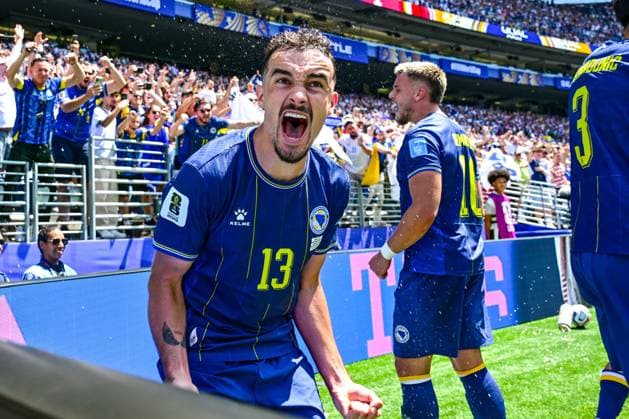 Bosnia and Herzegovina s Ivan Basic celebrates during a soccer game between Bosnia and Herzegovina and Qatar, on Wednesday 24 June 2026 in Seattle, the third and last day in the group stage, in group B of the FIFA World Cup, WM, Weltmeisterschaft, Fussball 2026 in the United States of America. DIRKxWAEM  x179167691x
