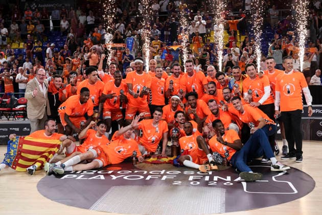 June 24, 2026, Barcelona, Barcelona, Spain: Players of Valencia Basket pose with the championship trophy after the Spanish League, Liga ACB Endesa, basketball Final Game 4 match played between FC Barcelona, Barca and Valencia Basket at Palau Blaugrana on June 24, 2026 in Barcelona, Spain. Barcelona Spain - ZUMAa181 20260624_zaa_a181_054 Copyright: xJavierxBorregox