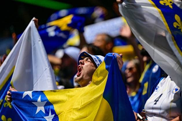 Bosnia and Herzegovina s supporters celebrate after a soccer game between Bosnia and Herzegovina and Qatar, on Wednesday 24 June 2026 in Seattle, the third and last day in the group stage, in group B of the FIFA World Cup, WM, Weltmeisterschaft, Fussball 2026 in the United States of America. DIRKxWAEM  x179168359x