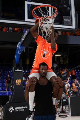 June 24, 2026, Barcelona, Barcelona, Spain: Yankuba Sima and Brancou Badio of Valencia Basket celebrates the victory after the Spanish League, Liga ACB Endesa, basketball Final Game 4 match played between FC Barcelona, Barca and Valencia Basket at Palau Blaugrana on June 24, 2026 in Barcelona, Spain. Barcelona Spain - ZUMAa181 20260624_zaa_a181_074 Copyright: xJavierxBorregox