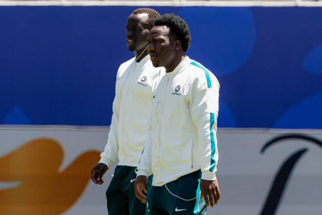 SOCCER AUSTRALIA TRAINING, Socceroos players Awer Mabil and Nestory Irankunda get a first look of the pitch ahead of their match against Paraguay at the San Francisco Bay Area Stadium in Santa Clara, California, United States, Wednesday, June 24, 2026. ( NO ARCHIVING Alameda California United States  Copyright: xJasonxHenryx 20260625194539156940