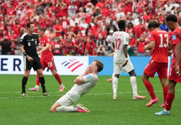 (260625) -- VANCOUVER, June 25, 2026 -- Alistair Johnston (bottom) of Canada reacts during the group B match between Switzerland and Canada at the 2026 FIFA World Cup, WM, Weltmeisterschaft, Fussball at BC Place Vancouver in Vancouver, Canada, June 24, 2026. ) (SP)CANADA-VANCOUVER-FOOTBALL-FIFA WORLD CUP-GROUP B-SUI VS CAN MengxYongmin 