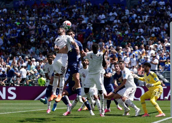 (260625) -- SEATTLE, June 25, 2026 -- Sultan Albrake (top L) of Qatar jumps for a header during the group B match between Bosnia and Herzegovina and Qatar at the 2026 FIFA World Cup, WM, Weltmeisterschaft, Fussball at Seattle Stadium in Seattle, the United States, June 24, 2026. (Photo by Xinhua) (SP)U.S.-SEATTLE-FOOTBALL-FIFA WORLD CUP-GROUP B-BIH VS QAT ArthurxDong 