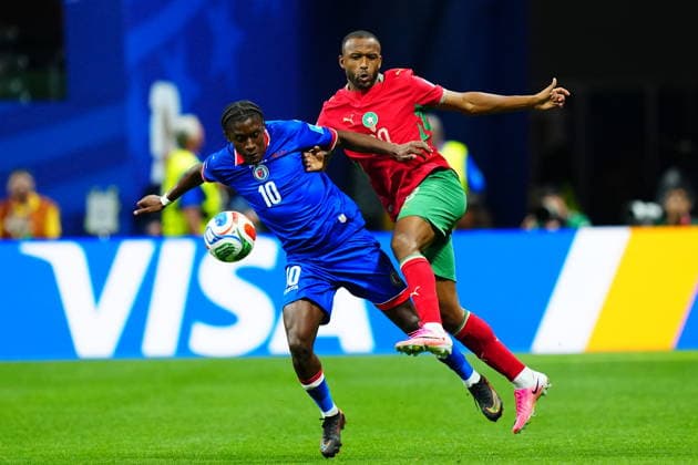 Morocco v Haiti - FIFA World Cup, WM, Weltmeisterschaft, Fussball 2026 - Group C ATLANTA, USA - JUNE 24: Ayoub El Kaabi (20) of Morocco in action against Jean-Ricner Bellegarde of Haiti during 2026 FIFA World Cup First Stage Group C match between Morocco and Haiti at Mercedes-Benz Stadium (Atlanta Stadium) in Atlanta, Georgia, United States on June 24, 2026. Evrim Aydin Anadolu Georgia United States. Editorial use only. Please get in touch for any other usage.  Copyright: x2026xAnadoluxEvrimxAydinx