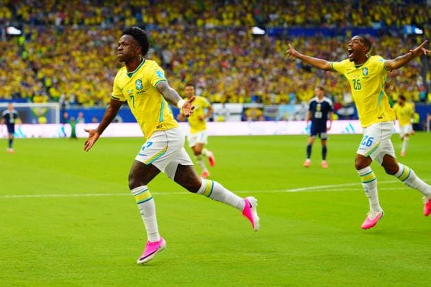 Vinicius Junior of Brazil celebrates after scoring Scotland v Brazil, 2026 FIFA World Cup, WM, Weltmeisterschaft, Fussball Group C, Football, Miami Stadium, Miami, Florida, USA - 24 Jun 2026Miami Miami Stadium Florida (FL) United States of America EDITORIAL USE ONLY No use with unauthorised audio, video, data, fixture lists, club league logos or live services. Online in-match use limited to 120 images, no video emulation. No use in betting, games or single club league player publications.  Copyright: xJavierxGarcia Shutterstockx 16956030ar