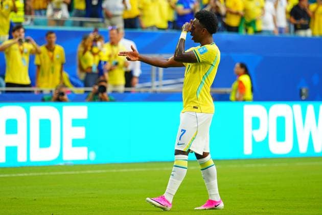 Vinicius Junior of Brazil celebrates after scoring Scotland v Brazil, 2026 FIFA World Cup, WM, Weltmeisterschaft, Fussball Group C, Football, Miami Stadium, Miami, Florida, USA - 24 Jun 2026Miami Miami Stadium Florida (FL) United States of America EDITORIAL USE ONLY No use with unauthorised audio, video, data, fixture lists, club league logos or live services. Online in-match use limited to 120 images, no video emulation. No use in betting, games or single club league player publications.  Copyright: xJavierxGarcia Shutterstockx 16956030au