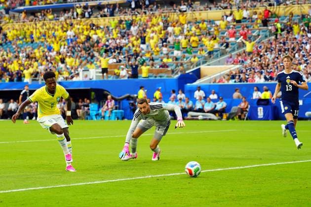 Vinicius Junior of Brazil scores the opening goal Scotland v Brazil, 2026 FIFA World Cup, WM, Weltmeisterschaft, Fussball Group C, Football, Miami Stadium, Miami, Florida, USA - 24 Jun 2026Miami Miami Stadium Florida (FL) United States of America EDITORIAL USE ONLY No use with unauthorised audio, video, data, fixture lists, club league logos or live services. Online in-match use limited to 120 images, no video emulation. No use in betting, games or single club league player publications.  Copyright: xJavierxGarcia Shutterstockx 16956030ax