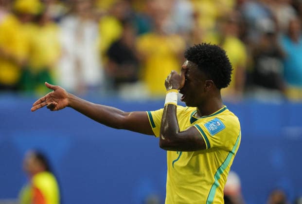 Vinicius Junior (Brazil) scores and celebrates his teams first goal during Scotland and Brazil, Group L FIFA World Cup, WM, Weltmeisterschaft, Fussball 2026, Miami Stadium, Boston, USA on June 24, 2026. Thor Wegner DeFodi Images. (Photo by DeFodi Images) - *** Vinicius Junior of Brazil scores and celebrates his team s first goal during the Scotland vs. Brazil match in Group L of the 2026 FIFA World Cup at Miami Stadium in Boston, USA, on June 24, 2026. Photo by DeFodi Images (Thor Wegner)