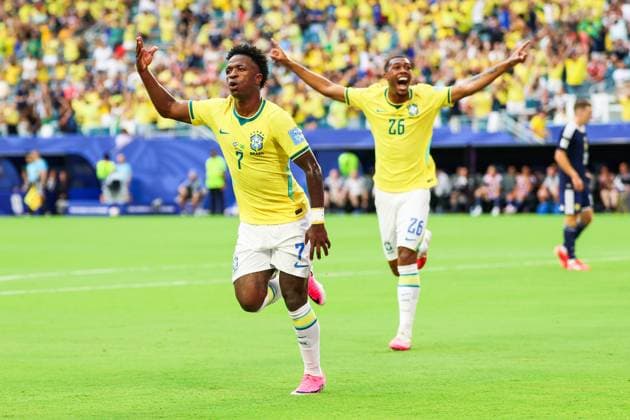 RECORD DATE NOT STATED FIFA World Cup, WM, Weltmeisterschaft, Fussball 2026 - Group C - Scotland v Brazil Vinicius Jr. player of Brazil celebrates his goal during the match between Scotland and Brazil in the third round of Group C of the 2026 FIFA World Cup group stage at Miami Stadium, in Florida, United States, on Wednesday, June 24, 2026.(Foto: William Volcov Brazil Photo Press IMAGO) Sports Miami FL United States of America Copyright: xWILLIAMxVOLCOVx