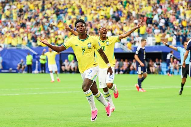 RECORD DATE NOT STATED FIFA World Cup, WM, Weltmeisterschaft, Fussball 2026 - Group C - Scotland v Brazil Vinicius Jr. player of Brazil celebrates his goal during the match between Scotland and Brazil in the third round of Group C of the 2026 FIFA World Cup group stage at Miami Stadium, in Florida, United States, on Wednesday, June 24, 2026.(Foto: William Volcov Brazil Photo Press IMAGO) Sports Miami FL United States of America Copyright: xWILLIAMxVOLCOVx