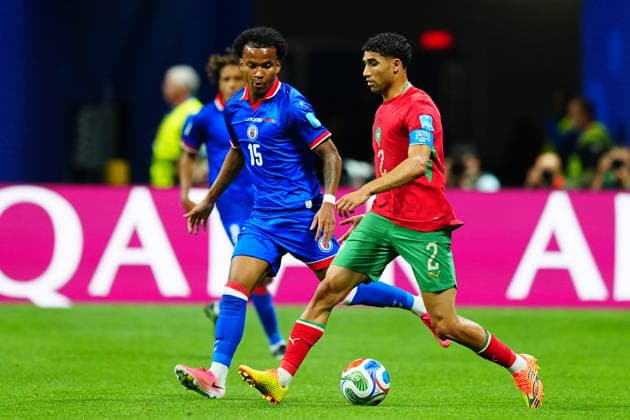 Morocco v Haiti - FIFA World Cup, WM, Weltmeisterschaft, Fussball 2026 - Group C ATLANTA, USA - JUNE 24: Achraf Hakimi (2) of Morocco in action against Ruben Providence (15) of Haiti during 2026 FIFA World Cup First Stage Group C match between Morocco and Haiti at Mercedes-Benz Stadium (Atlanta Stadium) in Atlanta, Georgia, United States on June 24, 2026. Evrim Aydin Anadolu Georgia United States. Editorial use only. Please get in touch for any other usage.  Copyright: x2026xAnadoluxEvrimxAydinx