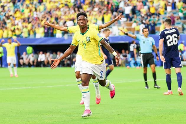 RECORD DATE NOT STATED FIFA World Cup, WM, Weltmeisterschaft, Fussball 2026 - Group C - Scotland v Brazil Vinicius Jr. player of Brazil celebrates his goal during the match between Scotland and Brazil in the third round of Group C of the 2026 FIFA World Cup group stage at Miami Stadium, in Florida, United States, on Wednesday, June 24, 2026.(Foto: William Volcov Brazil Photo Press IMAGO) Sports Miami FL United States of America Copyright: xWILLIAMxVOLCOVx