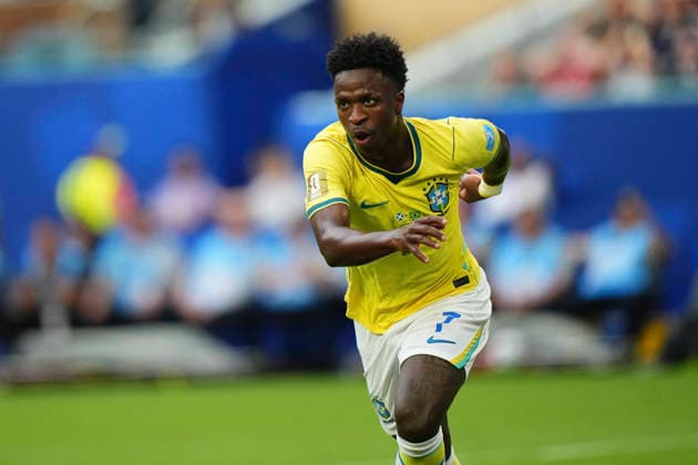 Scotland v Brazil: Group C - FIFA World Cup, WM, Weltmeisterschaft, Fussball 2026 Vinicius Junior of Brazil celebrates after scoring his team s first goal during the FIFA World Cup 2026 Group C match between Scotland and Brazil at Miami Stadium on June 24, 2026 in Miami, United States. Miami Gardens FL United States  Copyright: xJosexBretonx originalFilename:bretonhernandez-scotland260624_npkVi.jpg