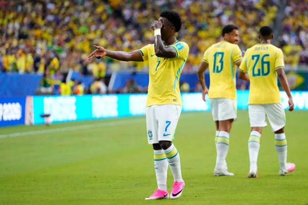 Scotland v Brazil: Group C - FIFA World Cup, WM, Weltmeisterschaft, Fussball 2026 Vinicius Junior of Brazil celebrates after scoring his team s first goal during the FIFA World Cup 2026 Group C match between Scotland and Brazil at Miami Stadium on June 24, 2026 in Miami, United States. Miami Gardens FL United States  Copyright: xJosexBretonx originalFilename:bretonhernandez-scotland260624_npXuo.jpg