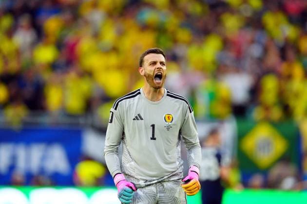Angus Gunn of Scotland reacts Scotland v Brazil, 2026 FIFA World Cup, WM, Weltmeisterschaft, Fussball Group C, Football, Miami Stadium, Miami, Florida, USA - 24 Jun 2026Miami Miami Stadium Florida (FL) United States of America EDITORIAL USE ONLY No use with unauthorised audio, video, data, fixture lists, club league logos or live services. Online in-match use limited to 120 images, no video emulation. No use in betting, games or single club league player publications.  Copyright: xJavierxGarcia Shutterstockx 16956030bt