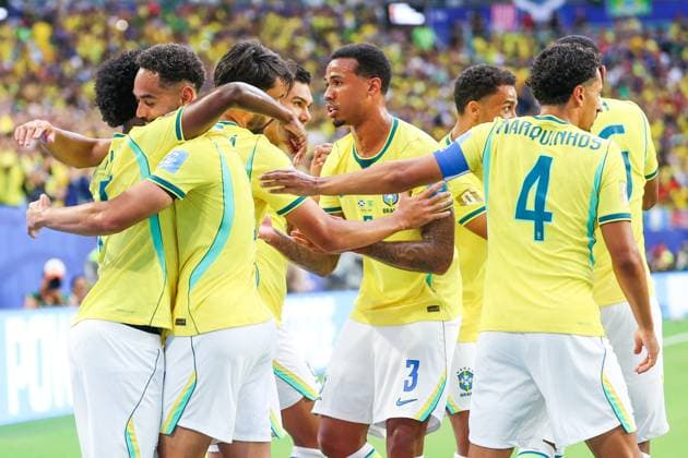 RECORD DATE NOT STATED FIFA World Cup, WM, Weltmeisterschaft, Fussball 2026 - Group C - Scotland v Brazil Vinicius Jr. player of Brazil celebrates his goal with teammates during the match between Scotland and Brazil in the third round of Group C of the 2026 FIFA World Cup group stage at Miami Stadium, in Florida, United States, on Wednesday, June 24, 2026.(Foto: William Volcov Brazil Photo Press IMAGO) Sports Miami FL United States of America Copyright: xWILLIAMxVOLCOVx