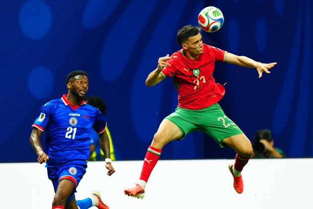 Morocco v Haiti - FIFA World Cup, WM, Weltmeisterschaft, Fussball 2026 - Group C ATLANTA, USA - JUNE 24: Bilal El Khannouss (23) of Morocco in action against Josue Casimir of Haiti during 2026 FIFA World Cup First Stage Group C match between Morocco and Haiti at Mercedes-Benz Stadium (Atlanta Stadium) in Atlanta, Georgia, United States on June 24, 2026. Evrim Aydin Anadolu Georgia United States. Editorial use only. Please get in touch for any other usage.  Copyright: x2026xAnadoluxEvrimxAydinx