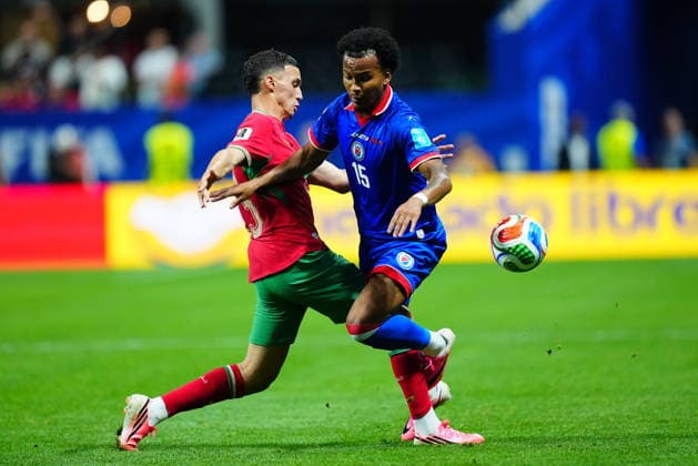 Morocco v Haiti - FIFA World Cup, WM, Weltmeisterschaft, Fussball 2026 - Group C ATLANTA, USA - JUNE 24: Bilal El Khannouss (L) of Morocco in action against Ruben Providence of Haiti during 2026 FIFA World Cup First Stage Group C match between Morocco and Haiti at Mercedes-Benz Stadium (Atlanta Stadium) in Atlanta, Georgia, United States on June 24, 2026. Evrim Aydin Anadolu Georgia United States. Editorial use only. Please get in touch for any other usage.  Copyright: x2026xAnadoluxEvrimxAydinx