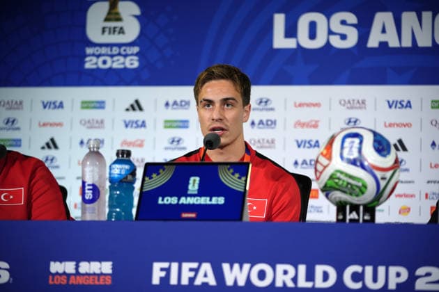 press conference, PK, Pressekonferenz of Turkish national team, Nationalteam in Los Angeles LOS ANGELES, CALIFORNIA - JUNE 24: Turkiye National Team s player Kenan Yildiz speaks during a press conference ahead of the 2026 FIFA World Cup, WM, Weltmeisterschaft, Fussball First Stage Group D match between Turkiye and USA at the Los Angeles Stadium (SoFi Stadium) in Inglewood, California, United States on June 24, 2026. Tayfun Coskun Anadolu Los Angeles United States. Editorial use only. Please get in touch for any other usage.  Copyright: x2026xAnadoluxTayfunxCoskunx