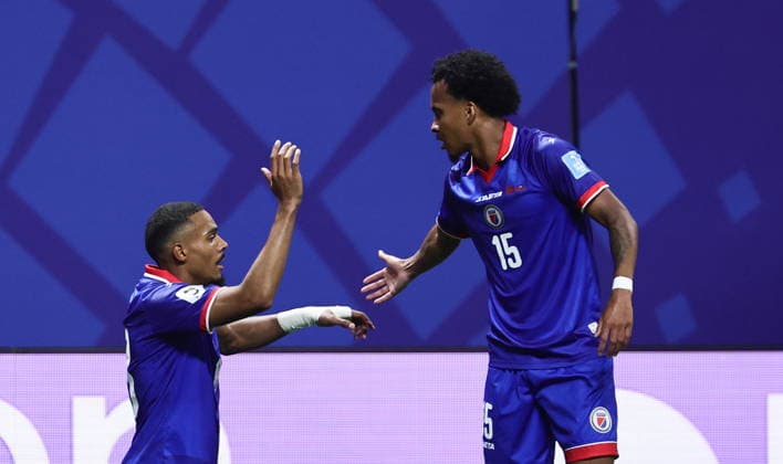 FIFA World Cup, WM, Weltmeisterschaft, Fussball 2026 - Group C - Morocco vs Haiti Wilson Isidor of Haiti (L) celebrates with his teammate Ruben Providence after scoring the 1-2 goal during the FIFA World Cup 2026 group stage match Morocco against Haiti, in Atlanta, Georgia, USA, 24 June 2026. ATLANTA United States  Copyright: xRONALDxWITTEKx