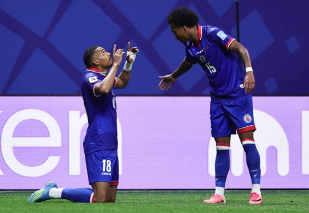 FIFA World Cup, WM, Weltmeisterschaft, Fussball 2026 - Group C - Morocco vs Haiti Wilson Isidor of Haiti (L) celebrates with his teammate Ruben Providence after scoring the 1-2 goal during the FIFA World Cup 2026 group stage match Morocco against Haiti, in Atlanta, Georgia, USA, 24 June 2026. ATLANTA United States  Copyright: xRONALDxWITTEKx
