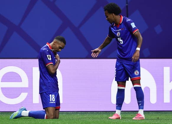 FIFA World Cup, WM, Weltmeisterschaft, Fussball 2026 - Group C - Morocco vs Haiti Wilson Isidor of Haiti (L) celebrates with his teammate Ruben Providence after scoring the 1-2 goal during the FIFA World Cup 2026 group stage match Morocco against Haiti, in Atlanta, Georgia, USA, 24 June 2026. ATLANTA United States  Copyright: xRONALDxWITTEKx
