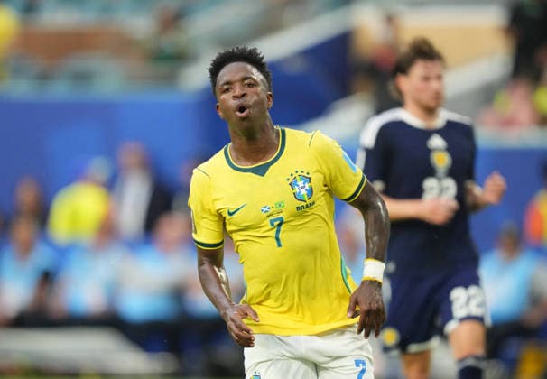 Vinicius Junior (Brazil) gestures during Scotland and Brazil, Group L FIFA World Cup, WM, Weltmeisterschaft, Fussball 2026, Miami Stadium, Boston, USA on June 24, 2026. Thor Wegner DeFodi Images. (Photo by DeFodi Images) - *** Vinicius Junior of Brazil gestures during the match between Scotland and Brazil in Group L of the 2026 FIFA World Cup at Miami Stadium in Boston, USA, on June 24, 2026. Photo by DeFodi Images (Thor Wegner)