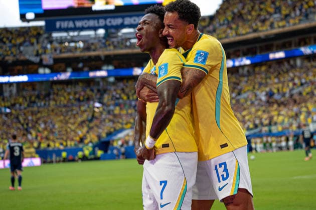Vinicius Junior of Brazil celebrates after scoring the team s first goal during the FIFA World Cup, WM, Weltmeisterschaft, Fussball 2026 Group D match between Brazil and Scotland at Miami Stadium in Miami Gardens, Florida, United States, on June 24th, 2026. (Photo by Riquelve Nata Sports Press Photo)  Copyright: xRiquelvexNata SportsxPressxPhotox Sportspressphoto_SPR175614