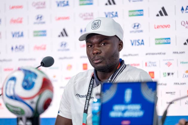Jordy Caicedo (Ecuador, 16) bei der Pressekonferenz vor dem Spiel FIFA World Cup, WM, Weltmeisterschaft, Fussball 2026: Pressekonferenz vor dem dritten WM-Gruppenspiel Ecuador - Deutschland in New York New Jersey Stadium in East Rutherford, New Jersey, USA. 24.06.2026 *** Jordy Caicedo of Ecuador, 16, at the press conference ahead of the 2026 FIFA World Cup match between Ecuador and Germany—the third group stage match—at New Jersey Stadium in East Rutherford, New Jersey, USA, on June 24, 2026 Copyright: HMBxMedia xMarcoxBader