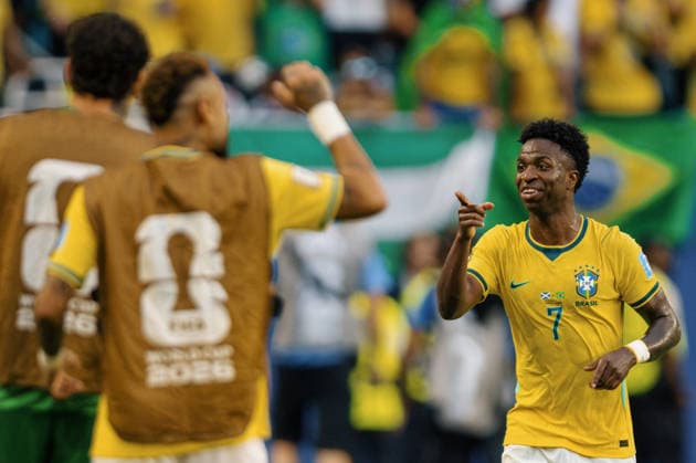 Scotland vs. Brazil MIAMI, FL - 24.06.2026: SCOTLAND VS. BRAZIL - Vinicius Junior of Brazil celebrates after scoring a goal during the match between Scotland and Brazil in the third round of the group stage of the 2026 World Cup, held at Hard Rock Stadium in Miami, United States. (Photo: Marcelo Machado de Melo Fotoarena) x2969482x  MarceloxMachadoxdexMelo