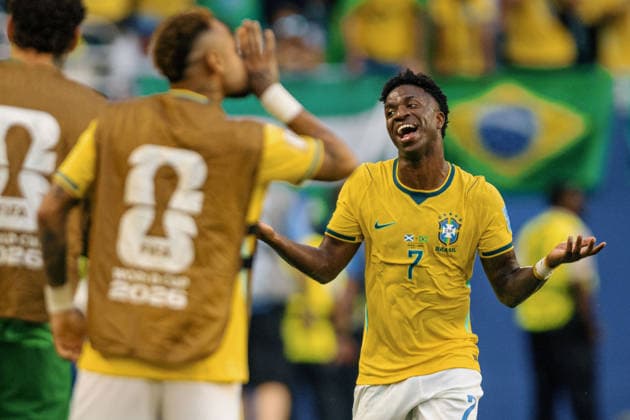 Scotland vs. Brazil MIAMI, FL - 24.06.2026: SCOTLAND VS. BRAZIL - Vinicius Junior of Brazil celebrates after scoring a goal during the match between Scotland and Brazil in the third round of the group stage of the 2026 World Cup, held at Hard Rock Stadium in Miami, United States. (Photo: Marcelo Machado de Melo Fotoarena) x2969483x  MarceloxMachadoxdexMelo