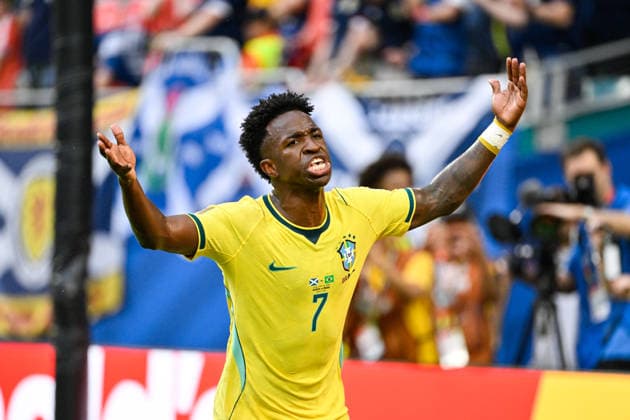 Vinicius Junior of Brazil celebrates after scoring the team s first goal during a FIFA Men’s World Cup 2026 Group Stage football match between Scotland and Brazil at Miami Stadium, in Miami Gardens on June 24th 2026 (Photo by Andre Ricardo SPP)  Copyright: xAndrexRicardo SPPx Sportspressphoto_SPR175631