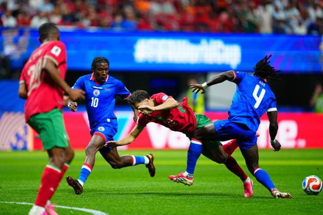 Morocco v Haiti - FIFA World Cup, WM, Weltmeisterschaft, Fussball 2026 - Group C ATLANTA, USA - JUNE 24: Brahim Diaz (10) of Morocco in action against Ricardo Ade (4) of Haiti during 2026 FIFA World Cup First Stage Group C match between Morocco and Haiti at Mercedes-Benz Stadium (Atlanta Stadium) in Atlanta, Georgia, United States on June 24, 2026. Evrim Aydin Anadolu Georgia United States. Editorial use only. Please get in touch for any other usage.  Copyright: x2026xAnadoluxEvrimxAydinx