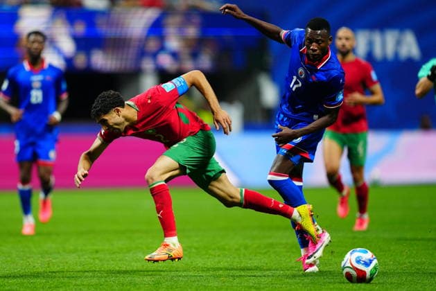Morocco v Haiti - FIFA World Cup, WM, Weltmeisterschaft, Fussball 2026 - Group C ATLANTA, USA - JUNE 24: Achraf Hakimi (L) of Morocco in action against Danley Jean Jacques of Haiti during 2026 FIFA World Cup First Stage Group C match between Morocco and Haiti at Mercedes-Benz Stadium (Atlanta Stadium) in Atlanta, Georgia, United States on June 24, 2026. Evrim Aydin Anadolu Georgia United States. Editorial use only. Please get in touch for any other usage.  Copyright: x2026xAnadoluxEvrimxAydinx