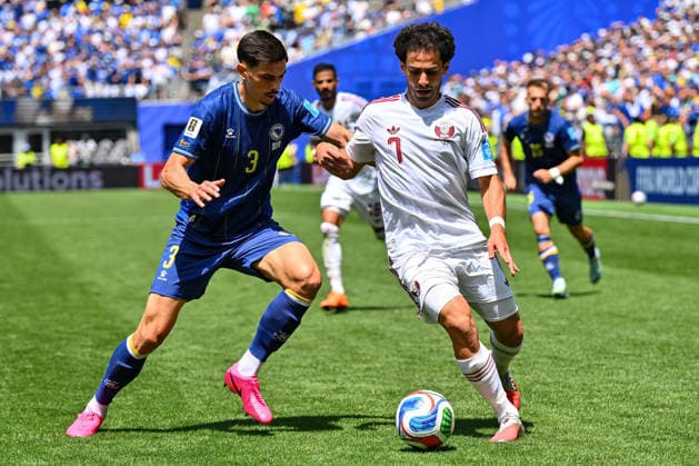 June 24, 2026: Bosnia and Herzegovina defender Dennis HadAÂ¾ikaduniÄ¡ (3) and Qatar forward Ahmed Alaaeldin (7) contest for the ball during the second half of the FIFA World Cup, WM, Weltmeisterschaft, Fussball match between Bosnia - Herzegovina and Qatar in Seattle, WA.Bosnia - Herzegovina defeated Qatar 3-1. CSM Seattle United States - ZUMAc04_ 20260624_zma_c04_020 Copyright: xStevexFaberx
