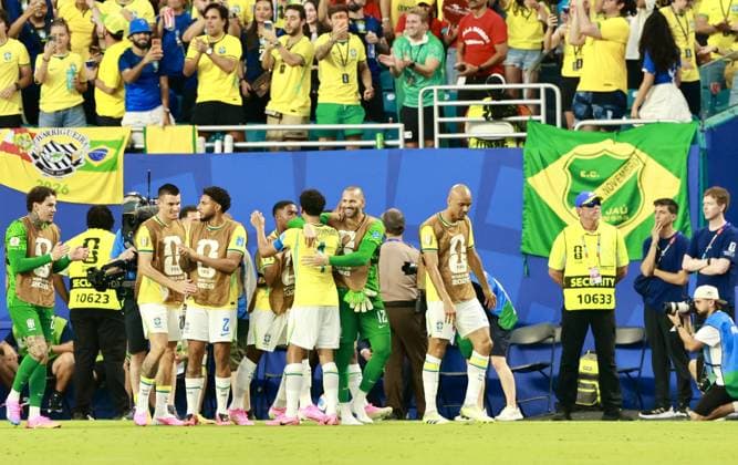 RECORD DATE NOT STATED Brazil vs Scotland FIFA World Cup, WM, Weltmeisterschaft, Fussball 2026. (SPO) Brazil vs Scotland FIFA World Cup 2026. June 24, 2026, Miami, Florida, USA: Matheus Cunha 9 of Brazil scored and celebrates his goal with teammates during soccer match between Brazil and Scotland in group c during FIFA World Cup 2026 at Miami stadium. Credit: Niyi Fote Thenews2(Foto: Niyi Fote Thenews2 imago images) SPO  Copyright: xNiyixFotex