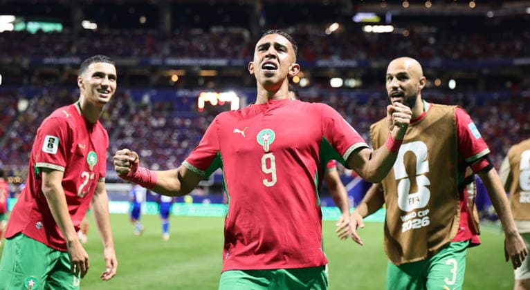 FIFA World Cup, WM, Weltmeisterschaft, Fussball 2026 - Group C - Morocco vs Haiti Soufiane Rahimi of Morocco (C) celebrates with teammates after scoring the 3-2 lead during the FIFA World Cup 2026 group stage match Morocco against Haiti, in Atlanta, Georgia, USA, 24 June 2026. ATLANTA United States  Copyright: xRONALDxWITTEKx