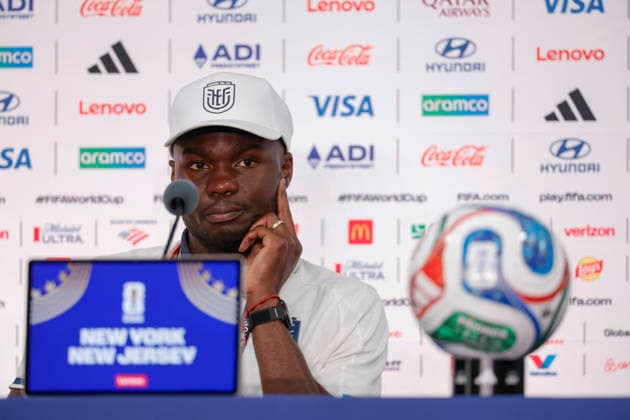 Jordy Caicedo of Ecuador reacts during a press conference, PK, Pressekonferenz at the New York New Jersey Stadium in East Rutherford, New Jersey, United States, 24 June 2026. Press conference with the Ecuador national team, Nationalteam in the United States !ACHTUNG: NUR REDAKTIONELLE NUTZUNG!  Copyright: xSebastiaoxMoreirax AME4049 20260625-55020699677_1