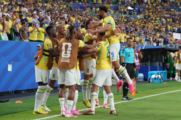 Brazilian players celebrate a goal during the FIFA World Cup, WM, Weltmeisterschaft, Fussball 2026 group stage match Scotland against Brazil at Hard Rock Stadium in Miami, United States, 24 June 2026. FIFA World Cup 2026 - Group C - Scotland vs. Brazil !ACHTUNG: NUR REDAKTIONELLE NUTZUNG!  Copyright: xAlbertoxBoalx GR4073 20260625-55020699713_1