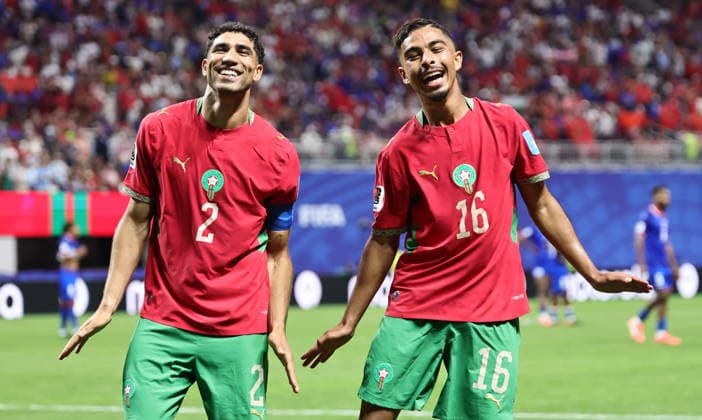 FIFA World Cup, WM, Weltmeisterschaft, Fussball 2026 - Group C - Morocco vs Haiti Gessime Yassine of Morocco (R) celebrates with his teammate Achraf Hakimi after scoring the 4-2 goal during the FIFA World Cup 2026 group stage match Morocco against Haiti, in Atlanta, Georgia, USA, 24 June 2026. ATLANTA United States  Copyright: xRONALDxWITTEKx