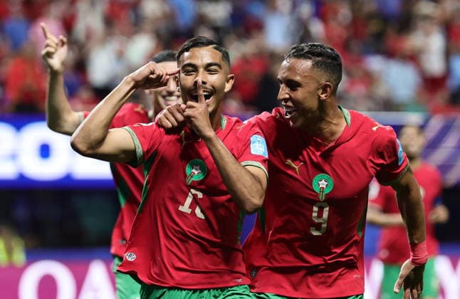 FIFA World Cup, WM, Weltmeisterschaft, Fussball 2026 - Group C - Morocco vs Haiti Gessime Yassine of Morocco (L) celebrates with his teammate Soufiane Rahimi after scoring the 4-2 goal during the FIFA World Cup 2026 group stage match Morocco against Haiti, in Atlanta, Georgia, USA, 24 June 2026. ATLANTA United States  Copyright: xRONALDxWITTEKx
