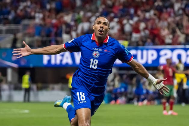 June 24, 2026, Atlanta, Georgia, USA: Haiti forward Wilson Isidor (18) celebrates after scoring a goal against Morocco during their World Cup: First Stage Group C match at Atlanta Stadium in ATLANTA, Georgia. Morocco wins the match, 4:2. Atlanta USA - ZUMAa161 20260624_aaa_a161_015 Copyright: xWalterxArcex xGMGx