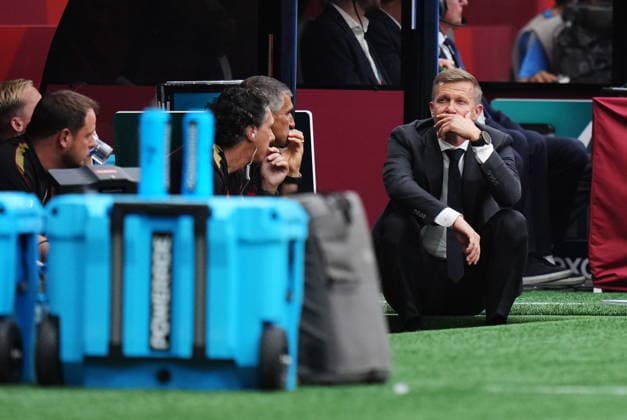 June 24, 2026, Vancouver, Bc, CANADA: Canada manager Jesse Marsch sits on the sideline during the first half of a World Cup Group B soccer match against Switzerland, in Vancouver, on Wednesday, June 24, 2026. Canada News - June 24, 2026  - ZUMAc35_ 20260624_zaf_c35_187 Copyright: xDarrylxDyckx