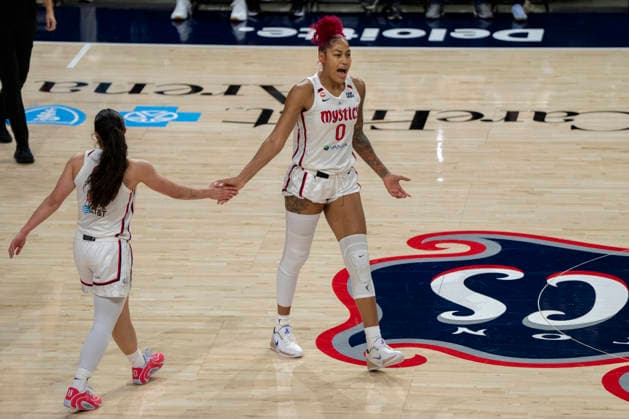WASHINGTON, DC - JUNE 24: Shakira Austin 0 of the Washington Mystics reacts to a foul against her during a WNBA, Basketball Damen, USA game between the Washington Mystics and the Minnesota Lynx on June 24, 2026 at CareFirst Arena in Washington, DC. (Photo by Ben Hsu Icon Sportswire) WNBA: JUN 24 Minnesota Lynx at Washington Mystics EDITORIAL USE ONLY Icon224260624071
