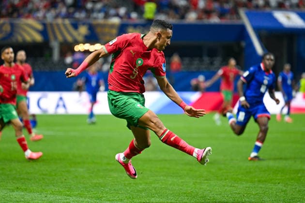 ATLANTA, GA - JUNE 24: Soufiane Rahimi 9 of Morocco passes the ball into the box during the FIFA World Cup, WM, Weltmeisterschaft, Fussball 2026 Group C match between Morocco and Haiti on June 24th, 2026 at Atlanta Stadium in Atlanta, GA. (Photo by Rich von Biberstein Icon Sportswire) SOCCER: JUN 24 FIFA World Cup 26 Group C - Morocco vs Haiti EDITORIAL USE ONLY Icon260624019