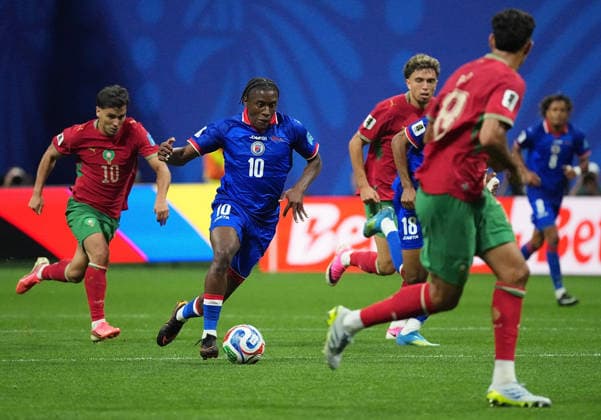 (260625) -- ATLANTA, June 25, 2026 -- Jean-Ricner Bellegarde (2nd L) of Haiti competes during the group C match between Morocco and Haiti at the 2026 FIFA World Cup, WM, Weltmeisterschaft, Fussball at Atlanta Stadium in Atlanta, the United States, June 24, 2026. ) (SP)U.S.-ATLANTA-FOOTBALL-FIFA WORLD CUP-GROUP C-MAR VS HTI JuxHuanzong 